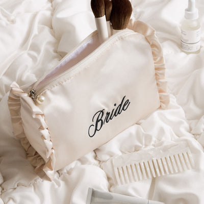 Embroidered Bride Satin Ruffle Cosmetic Bag - cream bag