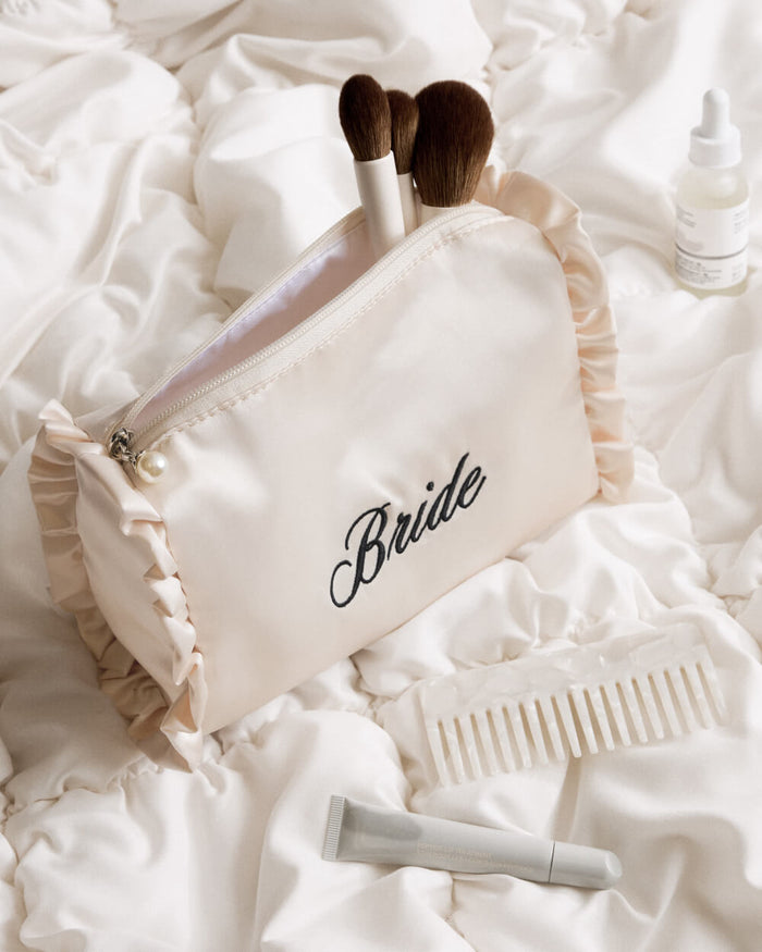 Embroidered Bride Satin Ruffle Cosmetic Bag - cream bag