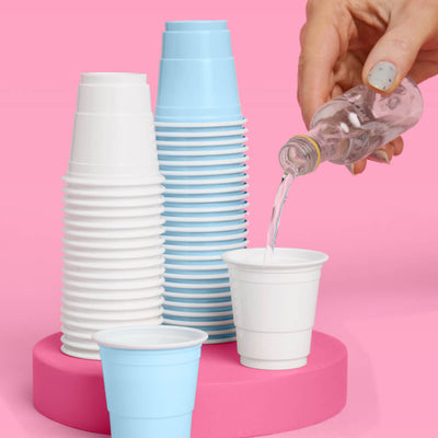 Blue + White Shot Glasses - 50 plastic shot glasses