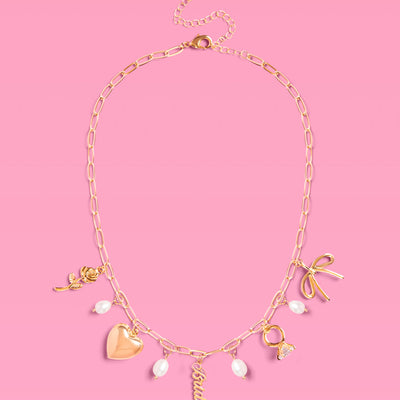 Bride Charm Necklace - gold, rhinestones + pearls