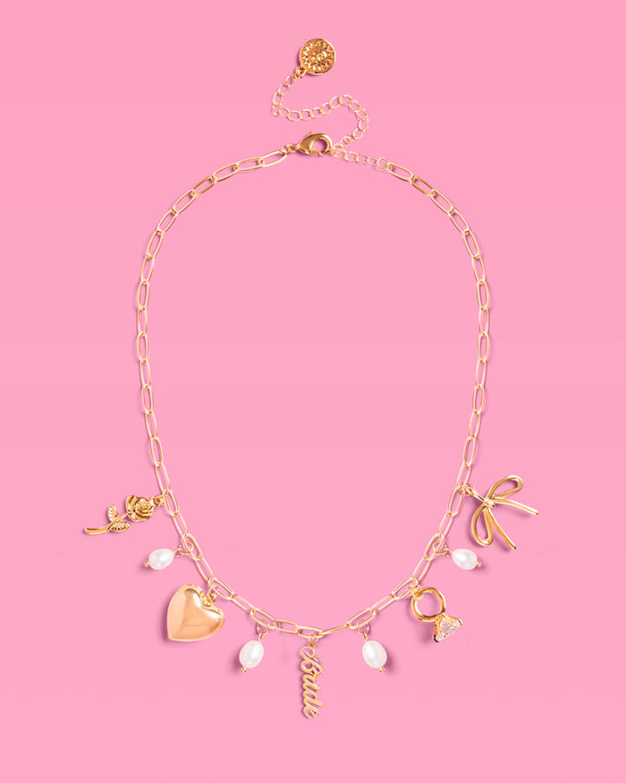 Bride Charm Necklace - gold, rhinestones + pearls