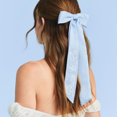 Bride To Be Pearl Bow - light blue satin + pearl logo