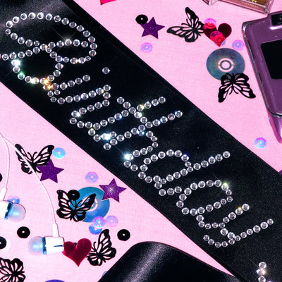 That Bday Girl Sash - black silk + rhinestones