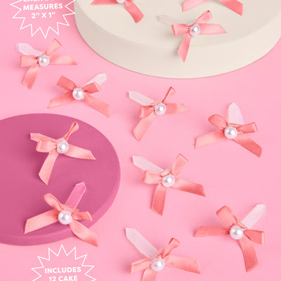 Pink Bow Cake Toppers - 12 pink + pearl cake toppers