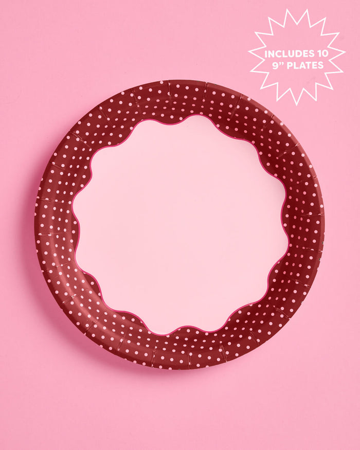 Burgundy Polka Dot Plates - 10 Paper Plates