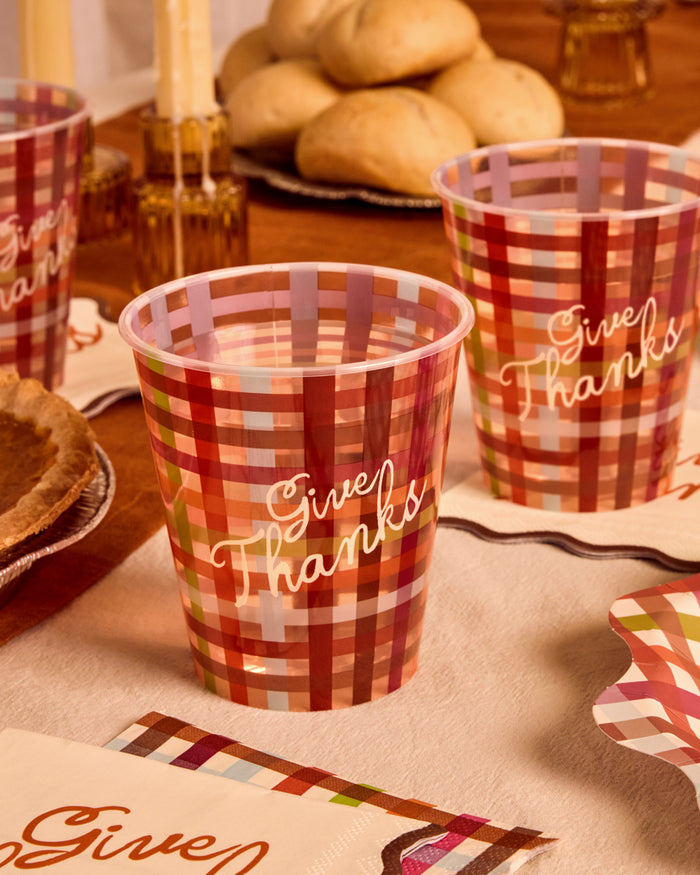 Give Thanks Plaid Cups - 16 fall party cups