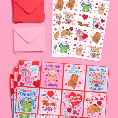 Kawaii V-Day Card Set - 24 cards + tattoos
