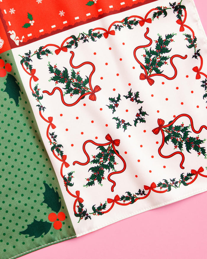 Holly Jolly Headscarf - red + green satin headscarf