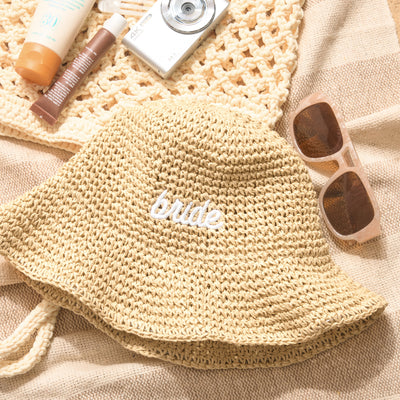 Straw Bride Bucket Hat - embroidered hat