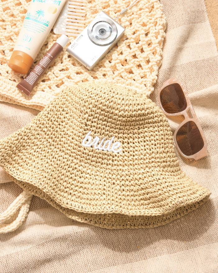 Straw Bride Bucket Hat - embroidered hat
