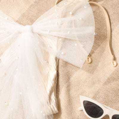Pearl Bikini Bow - white tulle bow with pearls