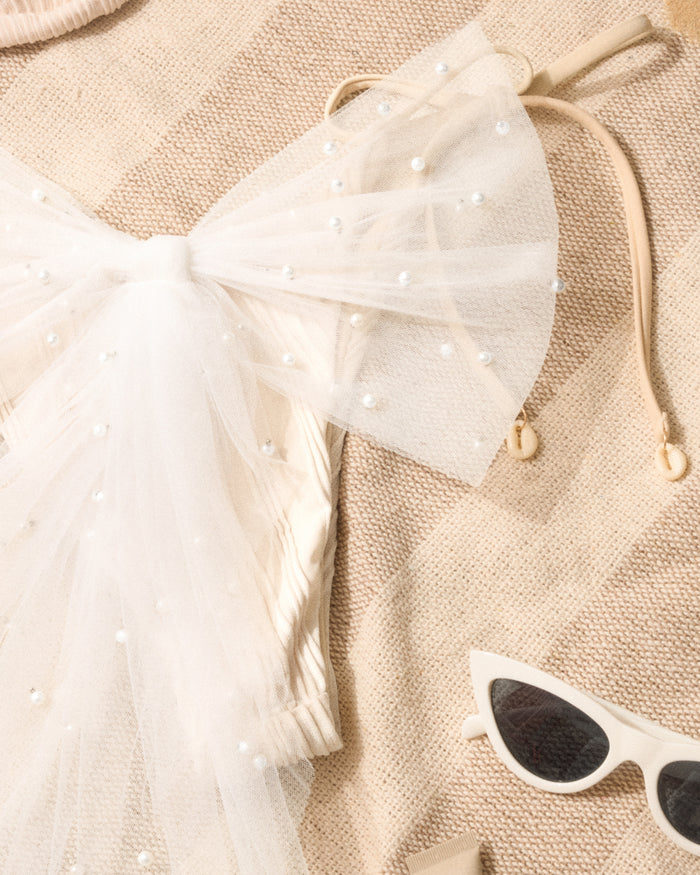 Pearl Bikini Bow - white tulle bow with pearls
