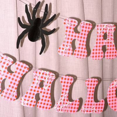 Pink Halloween Banner - pink gingham + spider banner