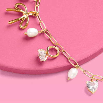 Bride Charm Bracelet - gold, rhinestones + pearls