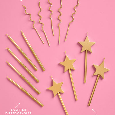 Gold star swirl and glitter tip birthday candles