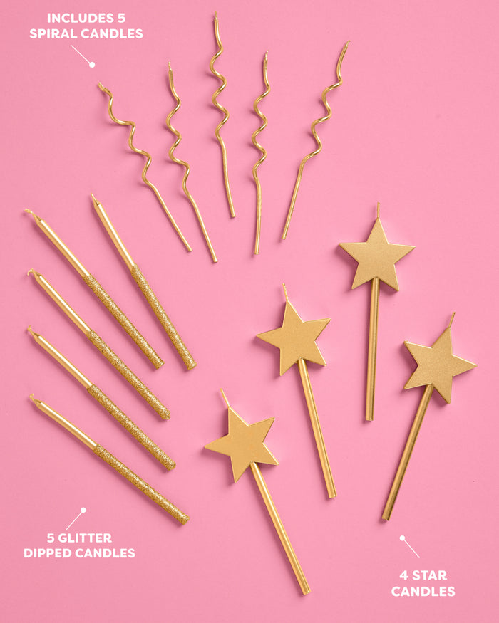 Gold star swirl and glitter tip birthday candles