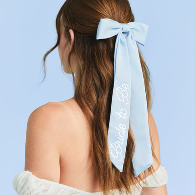 Bride To Be Pearl Bow - light blue satin + pearl logo