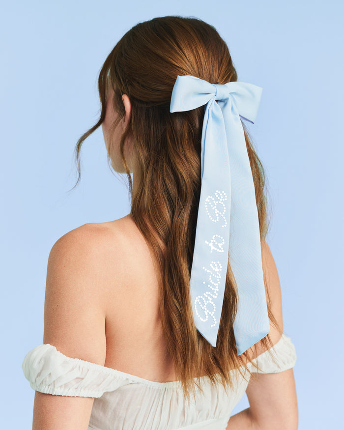 Bride To Be Pearl Bow - light blue satin + pearl logo