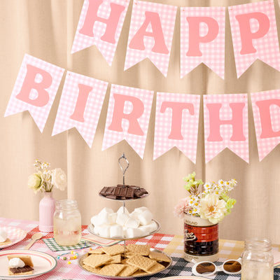 Gingham Birthday Banner - pre-strung banner