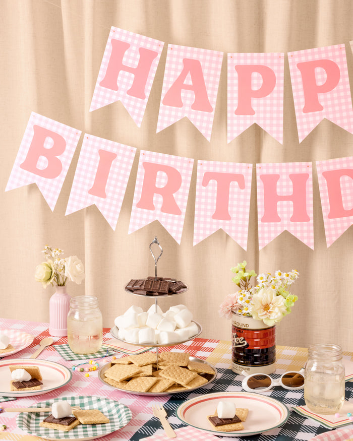 Gingham Birthday Banner - pre-strung banner