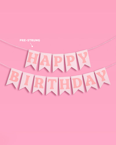 Gingham Birthday Banner - pre-strung banner