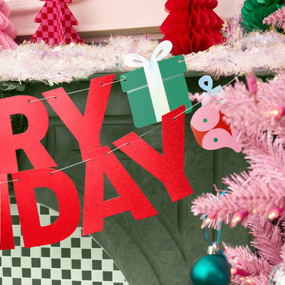 Merry Bday Banner - red glitter banner