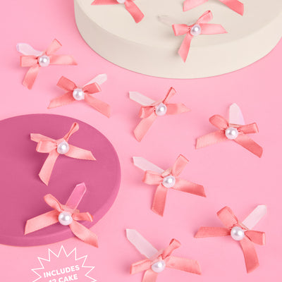 Pink Bow Cake Toppers - 12 pink + pearl cake toppers