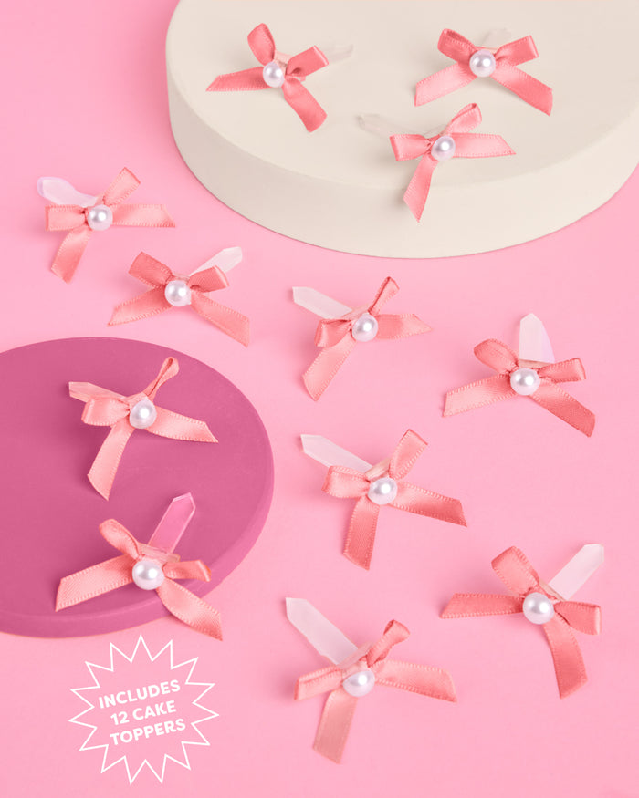 Pink Bow Cake Toppers - 12 pink + pearl cake toppers