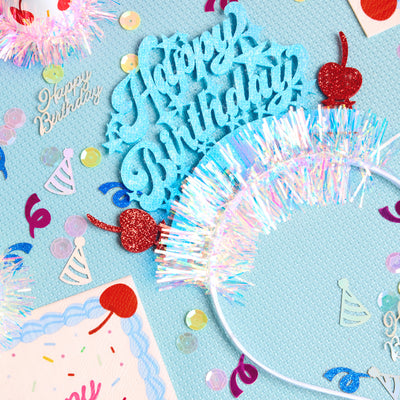 HBD Headband - cherry tinsel headband