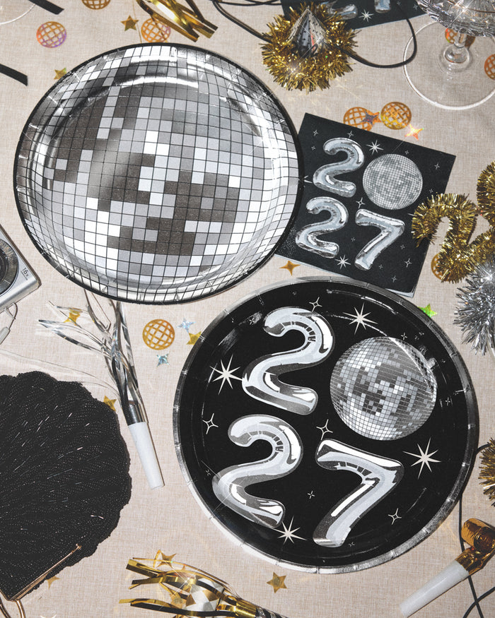 2027 NYE Disco Trio - napkins, plates, banner