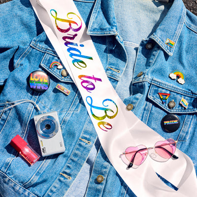 Bride Pride Sash - white silk + rainbow foil