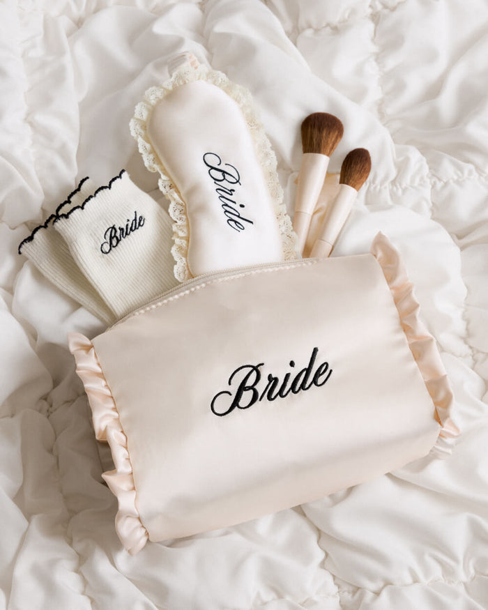 Embroidered Bride Satin Ruffle Cosmetic Bag - cream bag