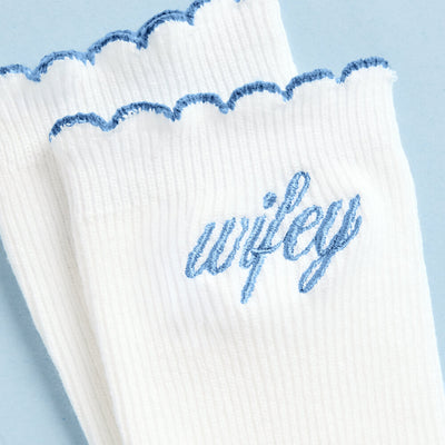 Wifey Ruffle Socks - crew socks with blue embroidery