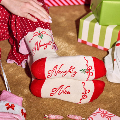 Naughty & Nice Knit Socks - cream crew socks
