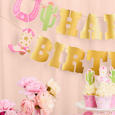 HBD Cowgirl Banner - gold foil banner