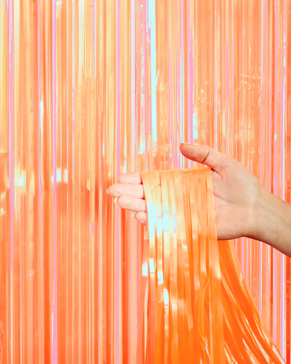 Orange Fringe Curtain Backdrop - iridescent foil banner