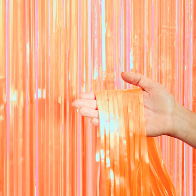 Orange Fringe Curtain Backdrop - iridescent foil banner