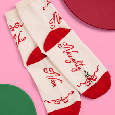 Naughty & Nice Knit Socks - cream crew socks