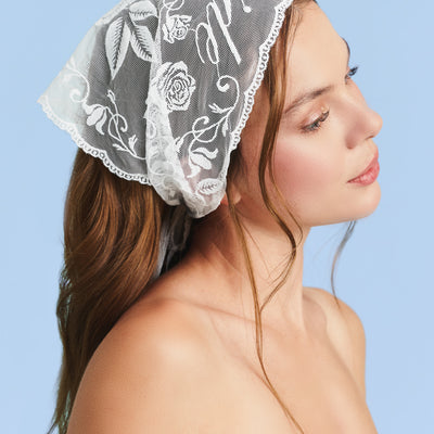 Bride Lace Headscarf - white embroidered bandana