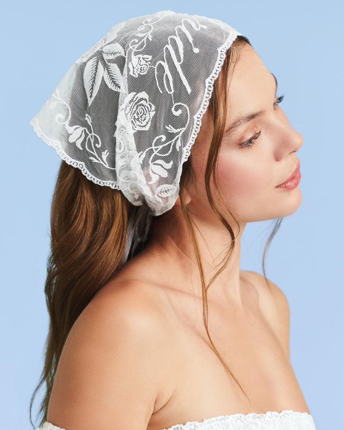 Bride Lace Headscarf - white embroidered bandana