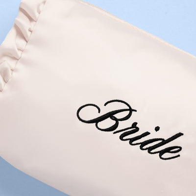 Embroidered Bride Satin Ruffle Cosmetic Bag - cream bag