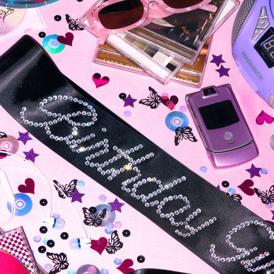 That Bday Girl Sash - black silk + rhinestones