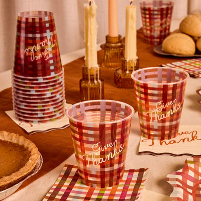 Give Thanks Plaid Cups - 16 fall party cups