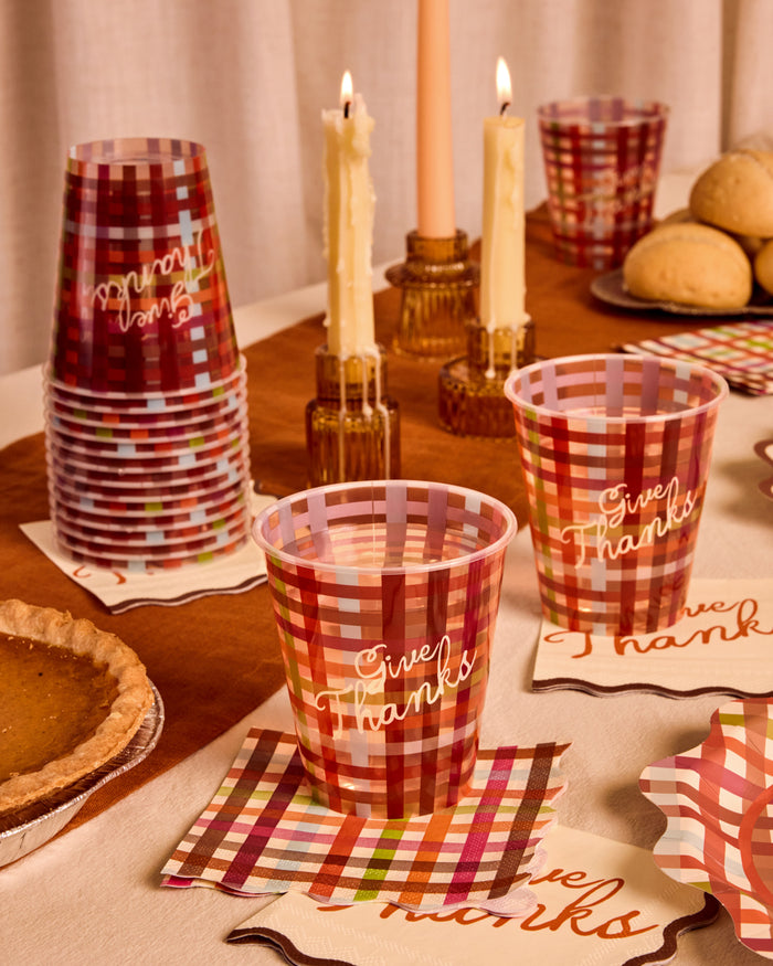 Give Thanks Plaid Cups - 16 fall party cups