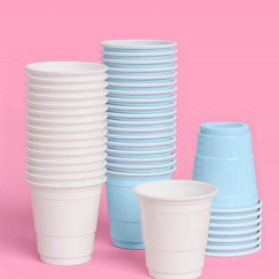 Blue + White Shot Glasses - 50 plastic shot glasses