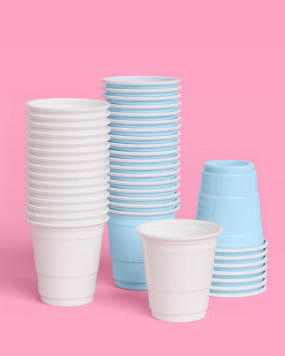 Blue + White Shot Glasses - 50 plastic shot glasses