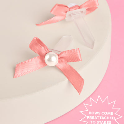 Pink Bow Cake Toppers - 12 pink + pearl cake toppers