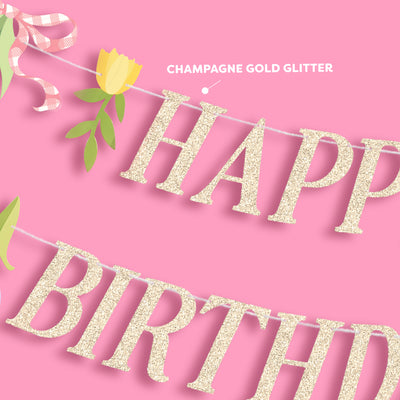 Floral Birthday Banner - gold glitter banner