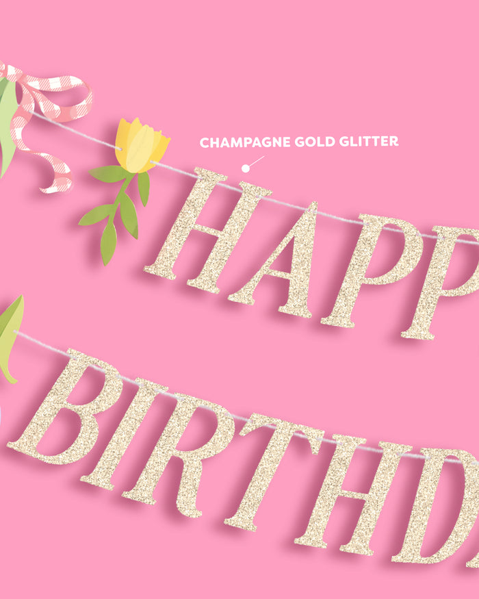 Floral Birthday Banner - gold glitter banner