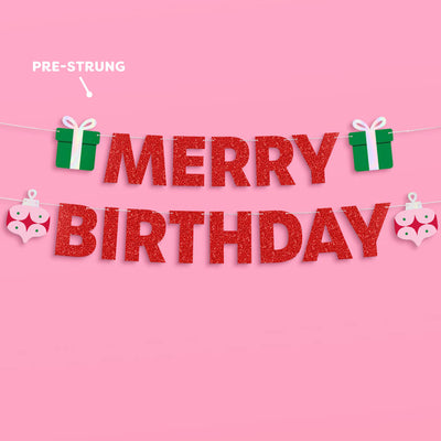 Merry Bday Banner - red glitter banner